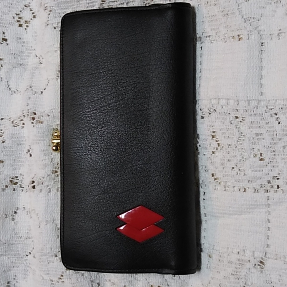 Vintage Lilly Dache Vinyl Long Kiss Lock Wallet Black Red Double Diamond